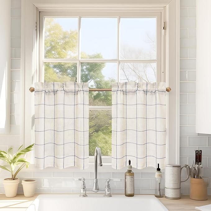DriftAway Kitchen Curtains Striped Tier Linen Short Curtains Windowpane Plaid by DriftAway
