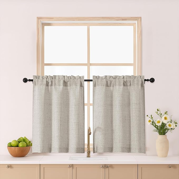 Gwine Short Curtains 30 Inch Length, Light Filtering Faux Linen Textured Cafe by Gwine