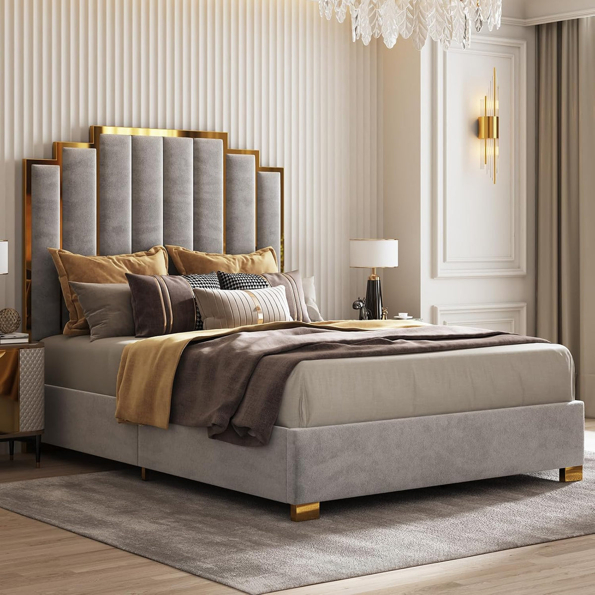 amerlife queen size velvet upholstered bed with gold, close-up detail