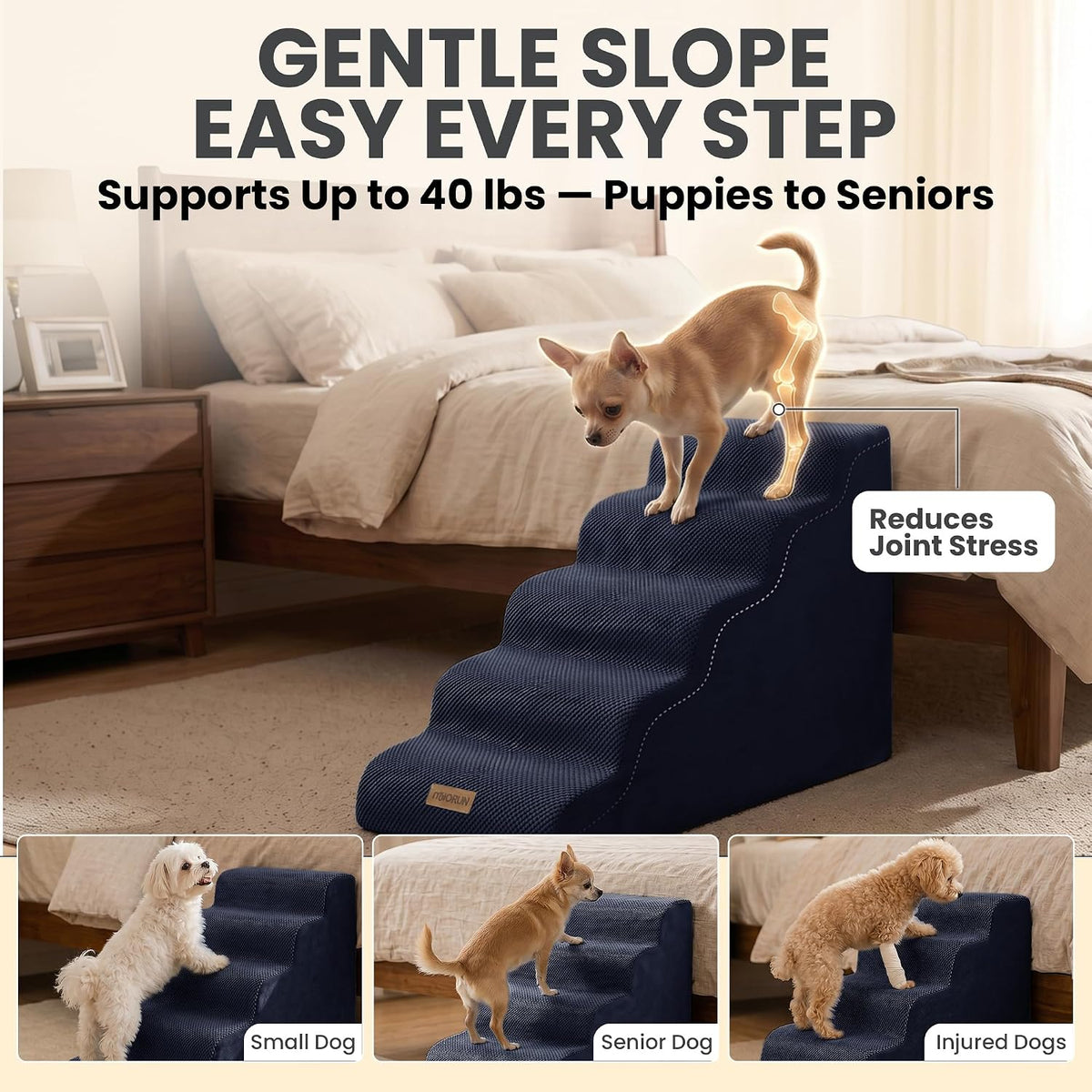 miorun dog stairs for high beds, 24.5" foam, close-up detail