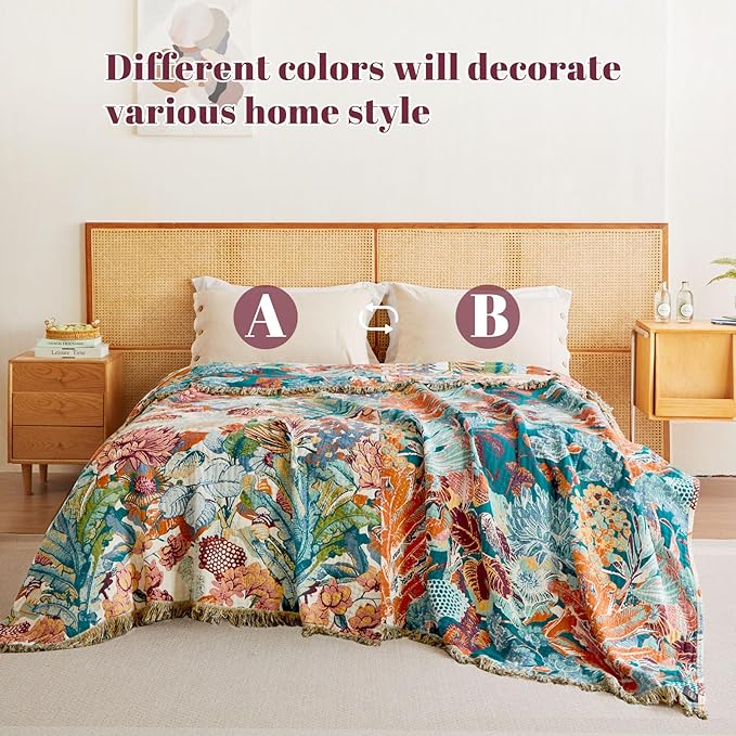 MSGKV Boho Throw Blanket for Couch 100% Cotton Floral Blanket 50"x60" Sofa Bed - Image 3