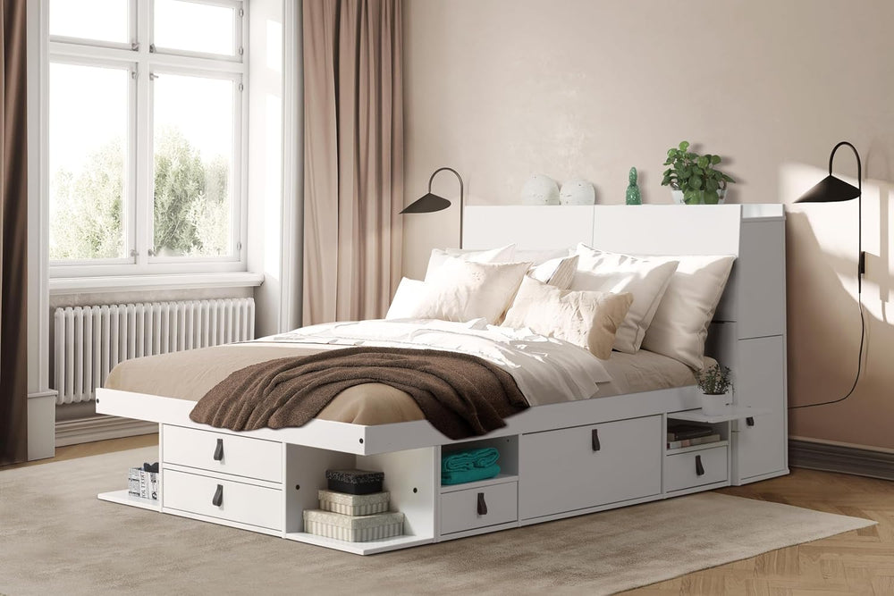 memomad Bali Chest Set: Bed + Storage Headboard, Queen Size, Matte White