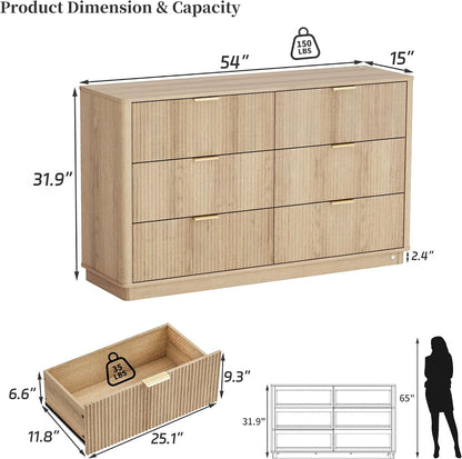 fluted dresser for bedroom with 6 drawers, 54" shown in use