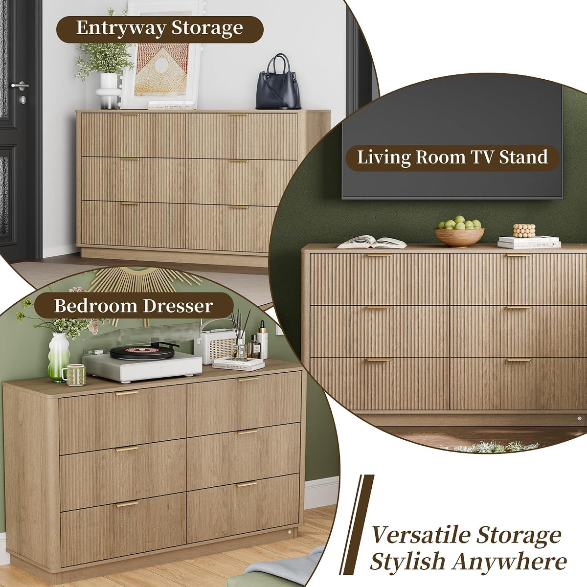 fluted dresser for bedroom with 6 drawers, 54" on a desk or shelf