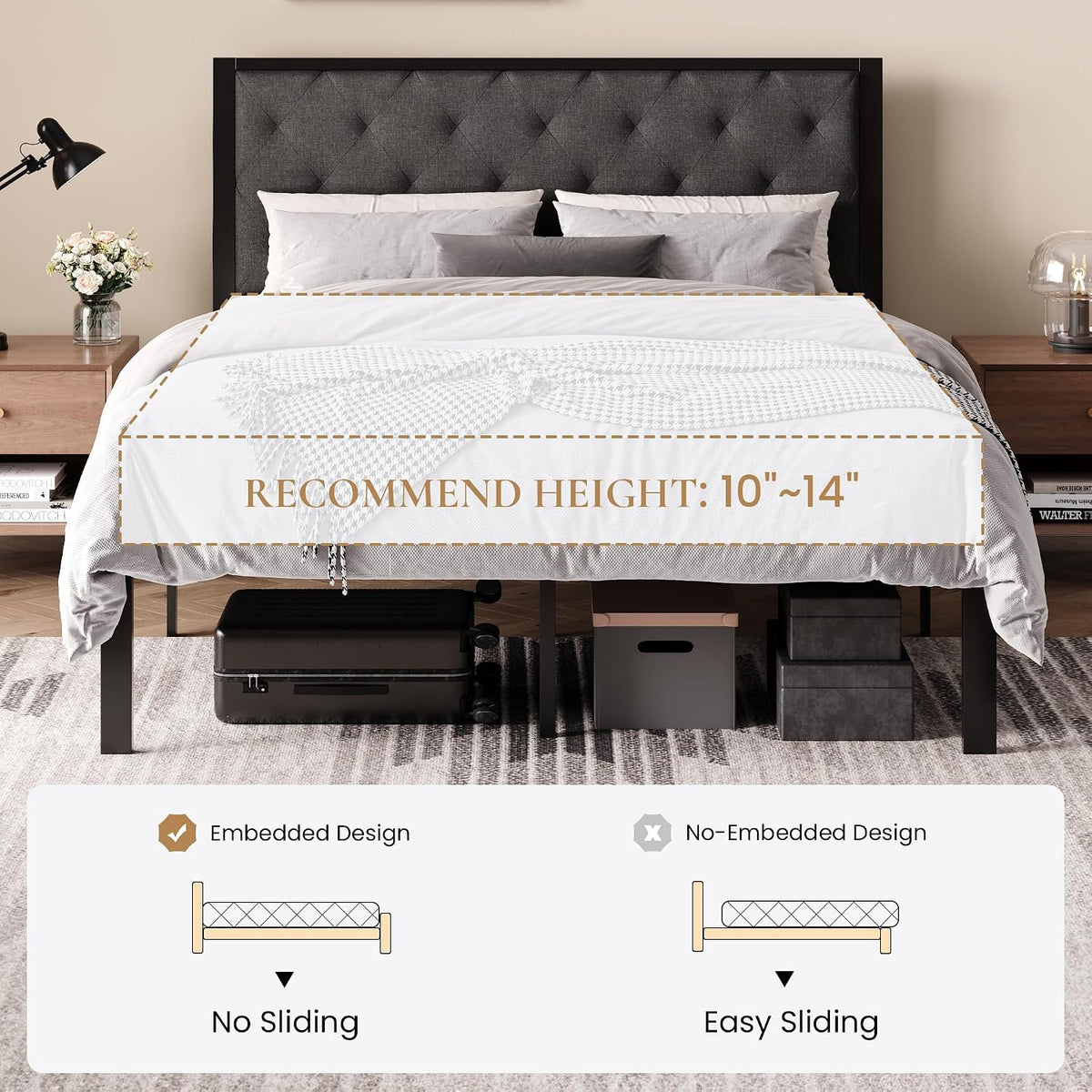 sha cerlin queen size metal bed frame and on a desk or shelf