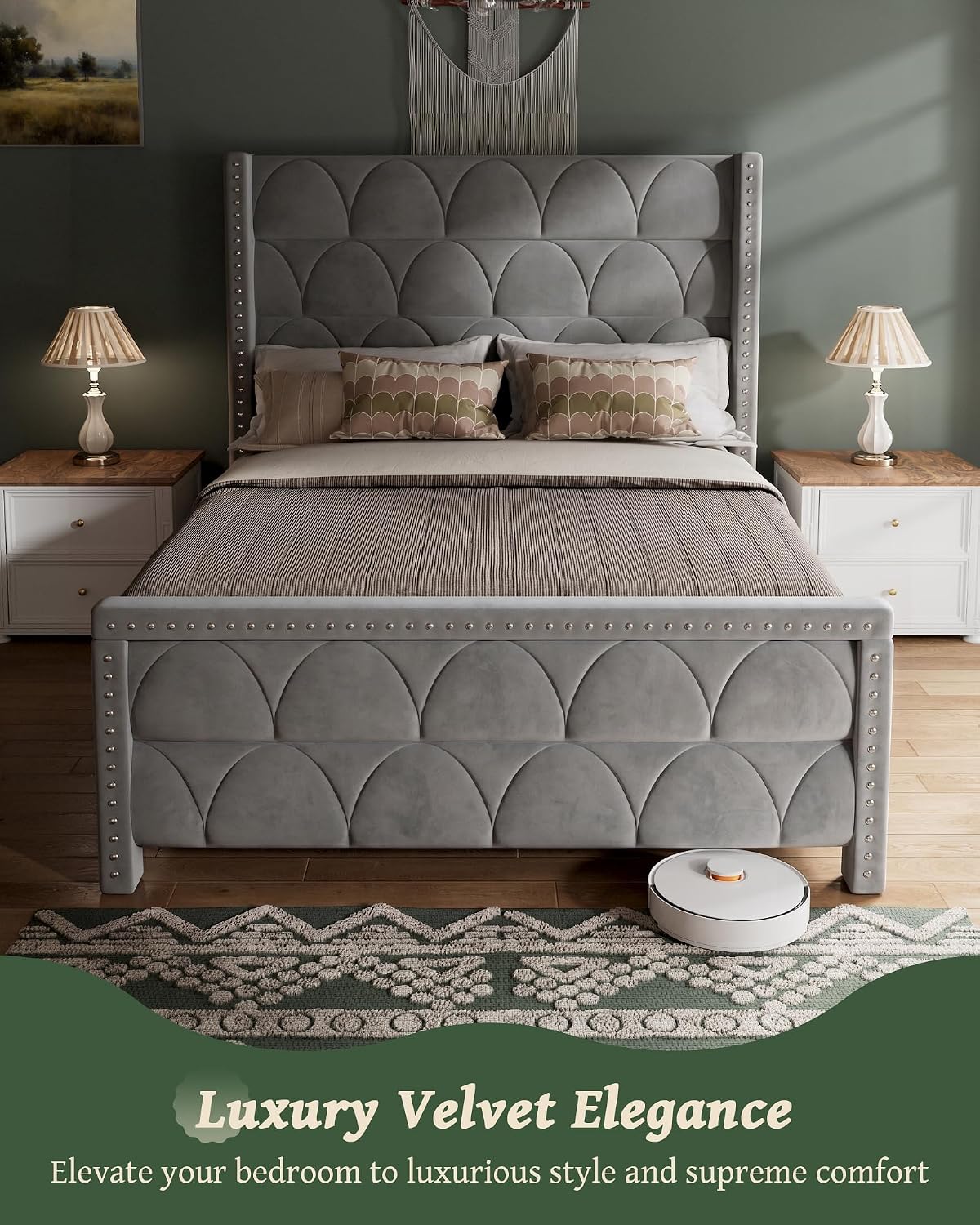 ohoholive queen size bed frame with 56" headboard, side view