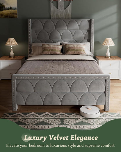 ohoholive queen size bed frame with 56" headboard, side view