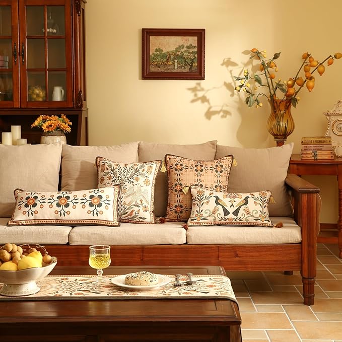 Brown Throw Pillow Covers Set of 2, Floral Farmhouse Yellow Birds Flower - Image 3