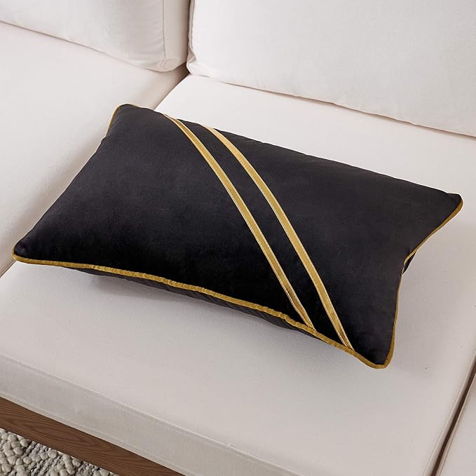 Avigers 12 x 20 Inch Black Gold Leather Striped Lines Velvet Cushion Case - Image 3