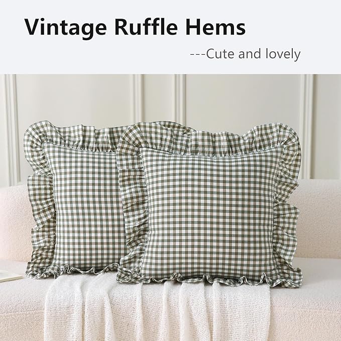 Aryeleay 2 Pack Sage Green White and Brown Plaid Ruffle Throw Pillow Covers - Image 3