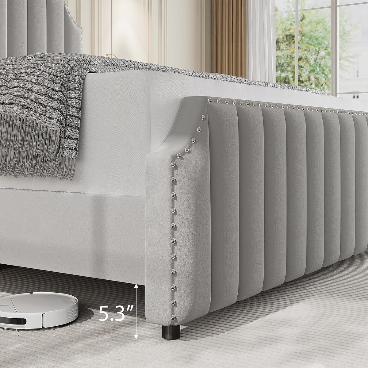 garvee king size velvet bed frame, upholstered platform showing dimensions