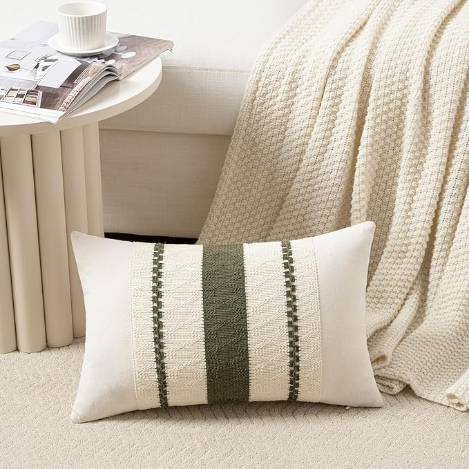 Fancy Homi Set of 2 Boho Olive Green Lumbar Decorative Throw Pillow Cover 12x20 - Image 2