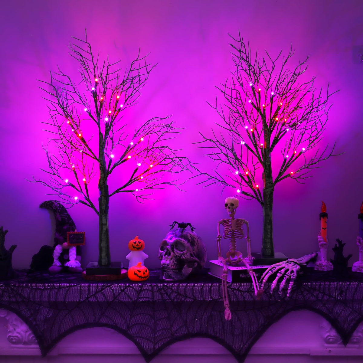 2 Pack 24 Inch Spooky Black Halloween Tree Decorations for Indoor Home Table, Halloween Lighted Tabletop Centerpiece with 24 Orange and Purple LEDs, Timer, USB or Battery Powered
