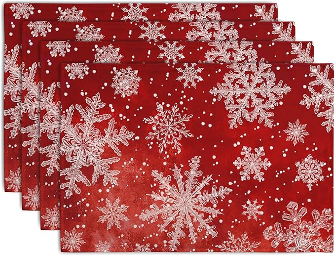Red Snowflake Xmas Placemats Set of 4 Merry Christmas Snowflakes Linen Fabric by Wnoesat