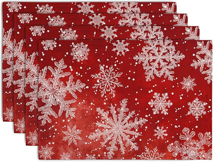 Red Snowflake Xmas Placemats Set of 4 Merry Christmas Snowflakes Linen Fabric by Wnoesat