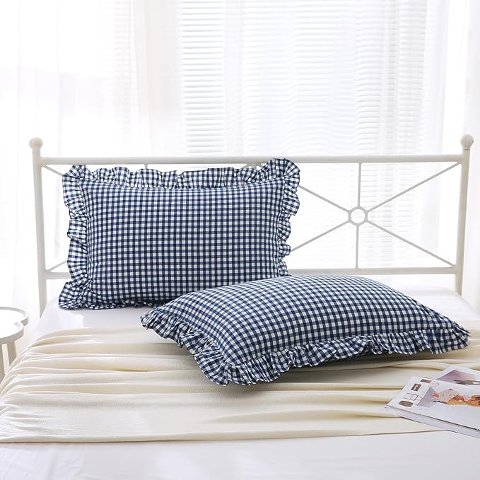 2 Pack Navy Blue and White Plaid Ruffle Gingham King Size Pillow Shams - Image 7