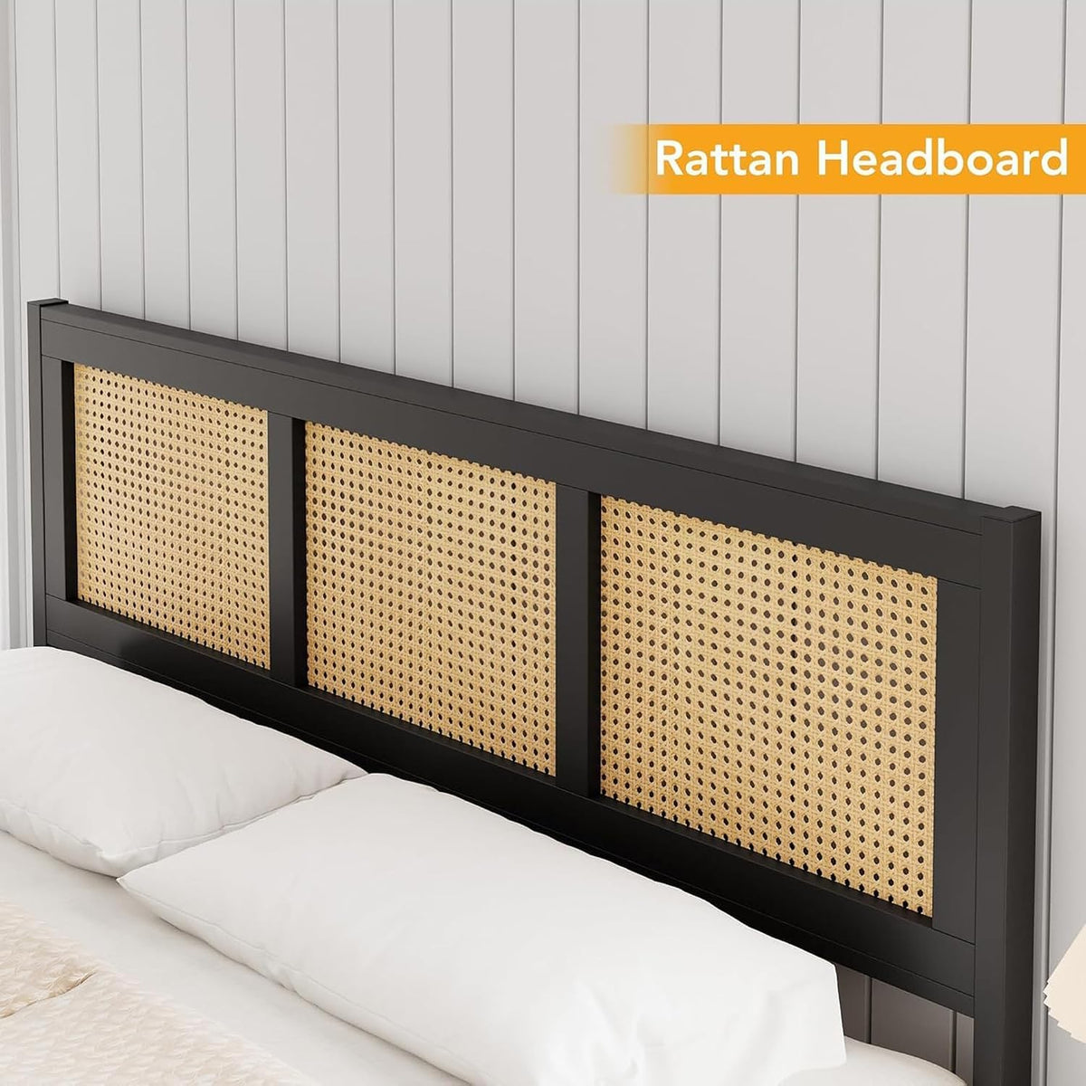 garveehome rattan full size bed frame with headboard showing dimensions