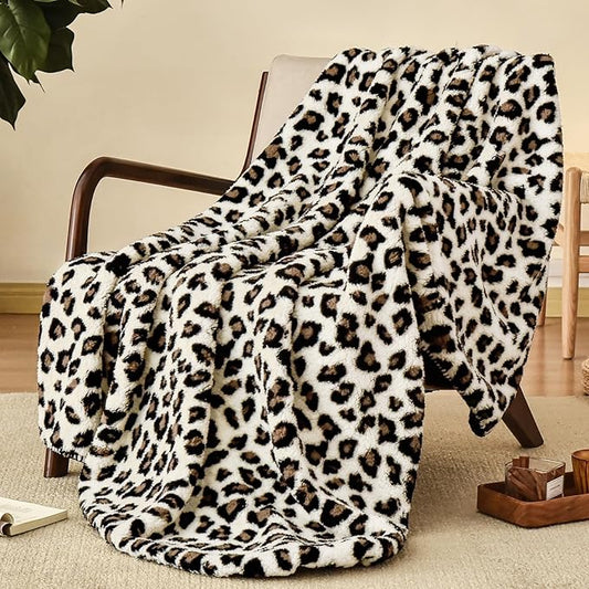 PHF Leopard Print Sherpa Fleece Throw Blanket by PHF
