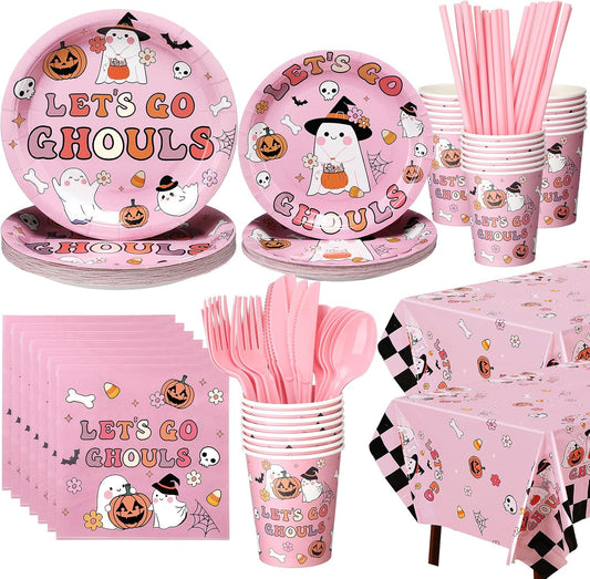 FoldTier 170 Pcs Pink Halloween Party Supplies Let's Go Ghouls Decorations