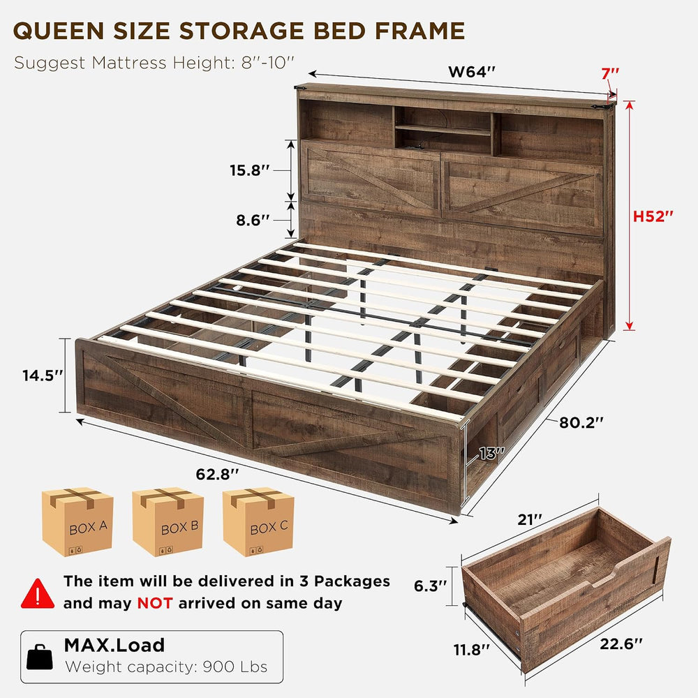 ACCOHOHO Queen Bed Frame Farmhouse with 52" Storage Bookcase Headboard, ...