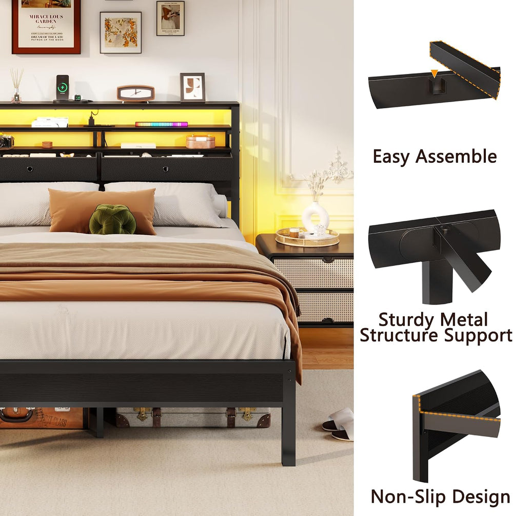 Furnulem Full Size Bed Frame with Headboard & 2 Fabric Drawers, Black Oak