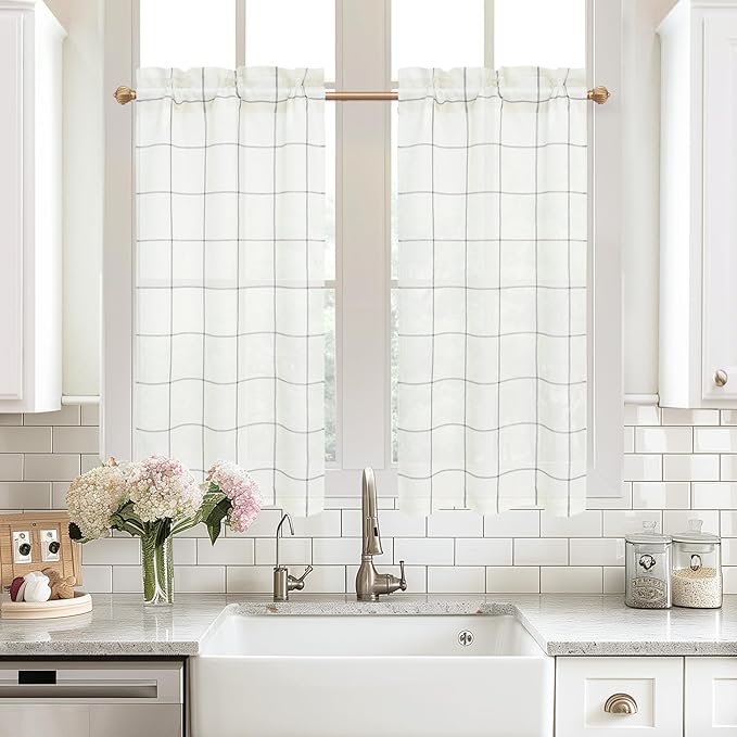 DriftAway Kitchen Curtains Striped Tier Linen Short Curtains Windowpane Plaid by DriftAway