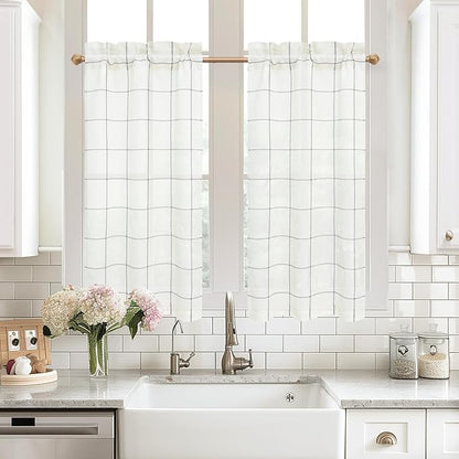 DriftAway Kitchen Curtains Striped Tier Linen Short Curtains Windowpane Plaid by DriftAway