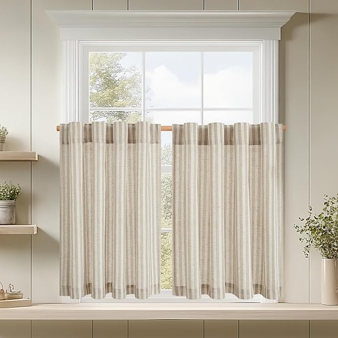 jinchan Striped Linen Kitchen Curtains 36 Inches Tier Curtains Farmhouse Modern by JINCHAN