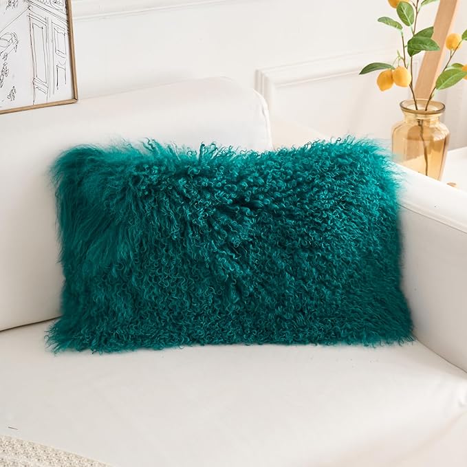 Genuine Mongolian Lamb Fur Pillow Cover – 12"x20" Rectangular Cushion Case – - Image 2