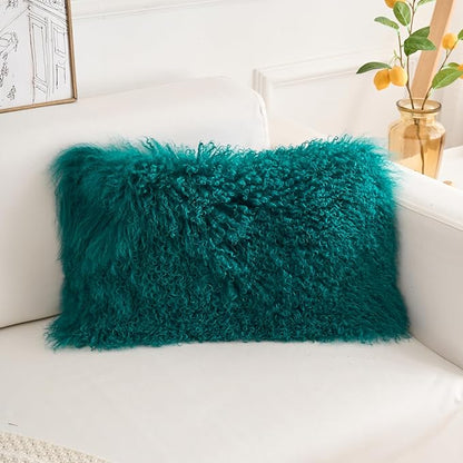 Genuine Mongolian Lamb Fur Pillow Cover – 12"x20" Rectangular Cushion Case – - Image 2