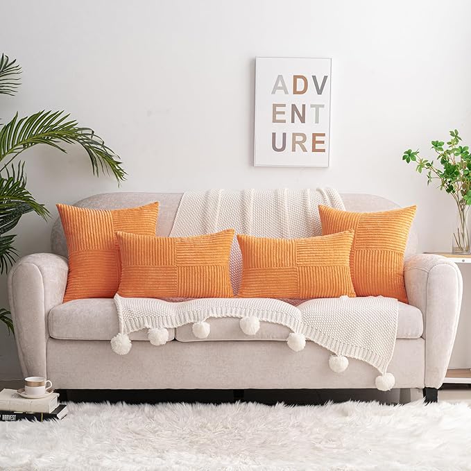 HWY 50 Orange Corduroy Patchwork Throw Pillow Covers 20x20 Inch, Soft Cozy - Image 5