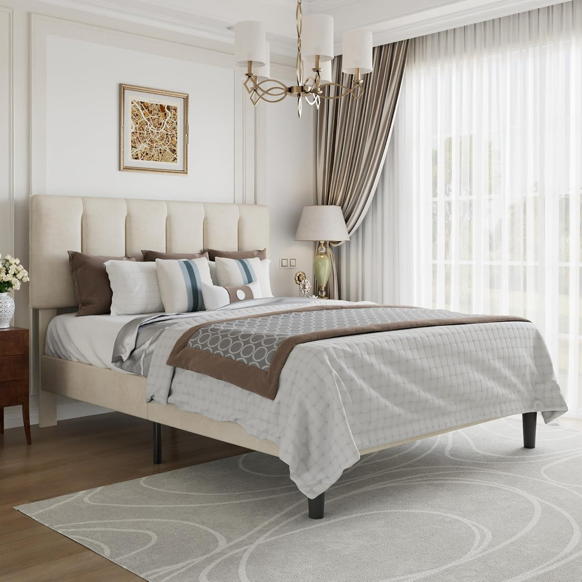 vecelo full size bed frame with upholstered headboard, close-up detail