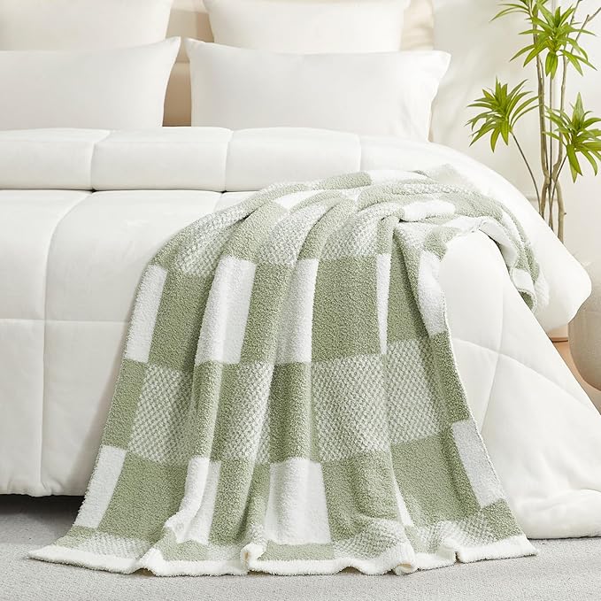 Snuggle Sac Checkered Blanket, Sage Green Throw Blanket - Image 8
