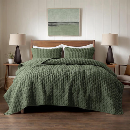 wdcozy olive green quilt king size bedding set shown in use
