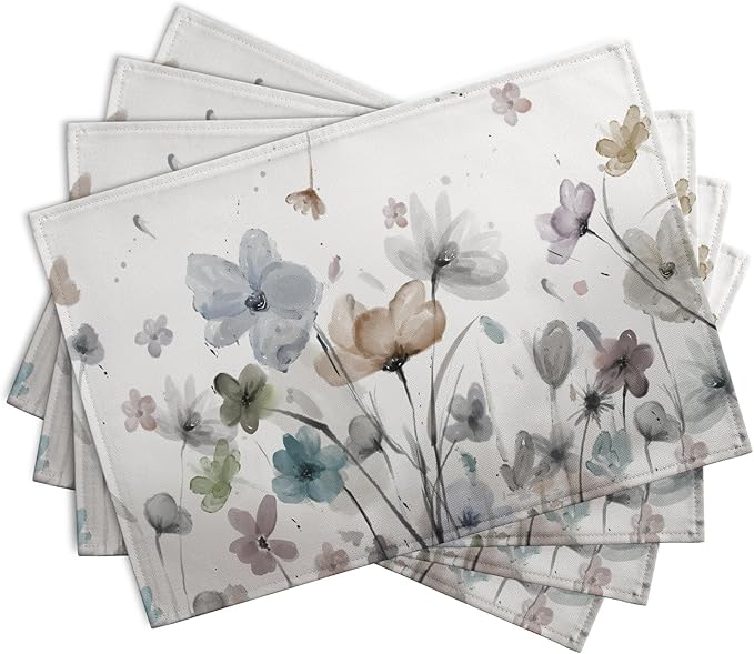 Flower Placemats Set of 4 Brown Cream Grey Poppy Flowers Table Mats Watercolor - Image 2