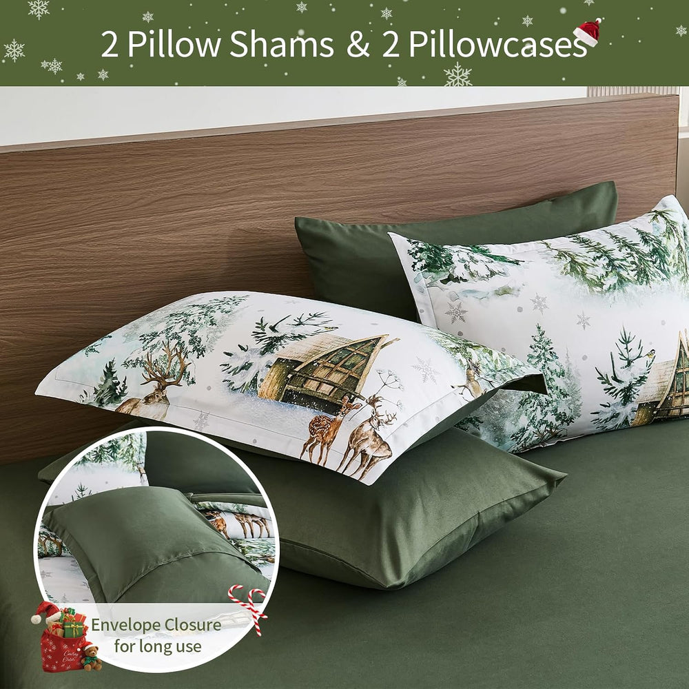 Green Comforter Set 7 Piece Queen Size, Christmas Bedding Set Festive
