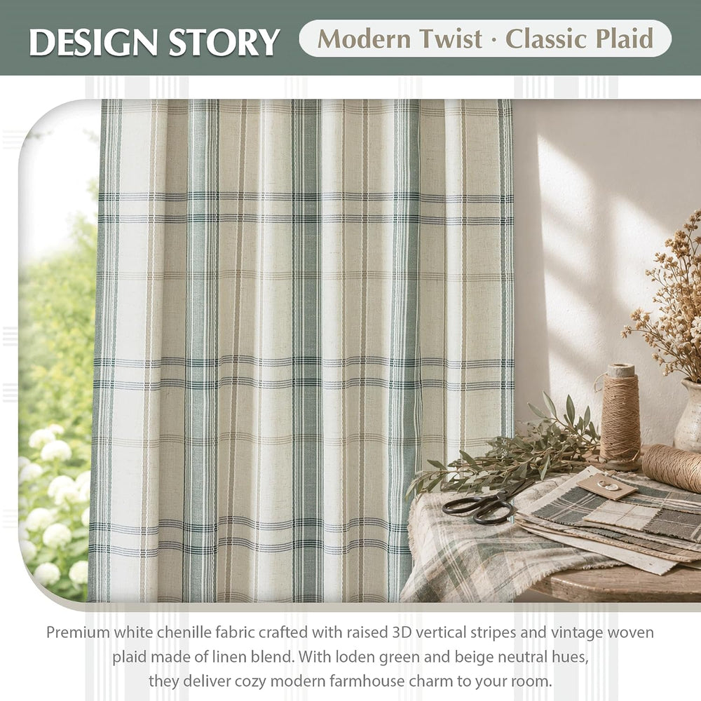 DriftAway 100% Blackout Plaid Linen Chenille Curtains 84 Inches Loden Green