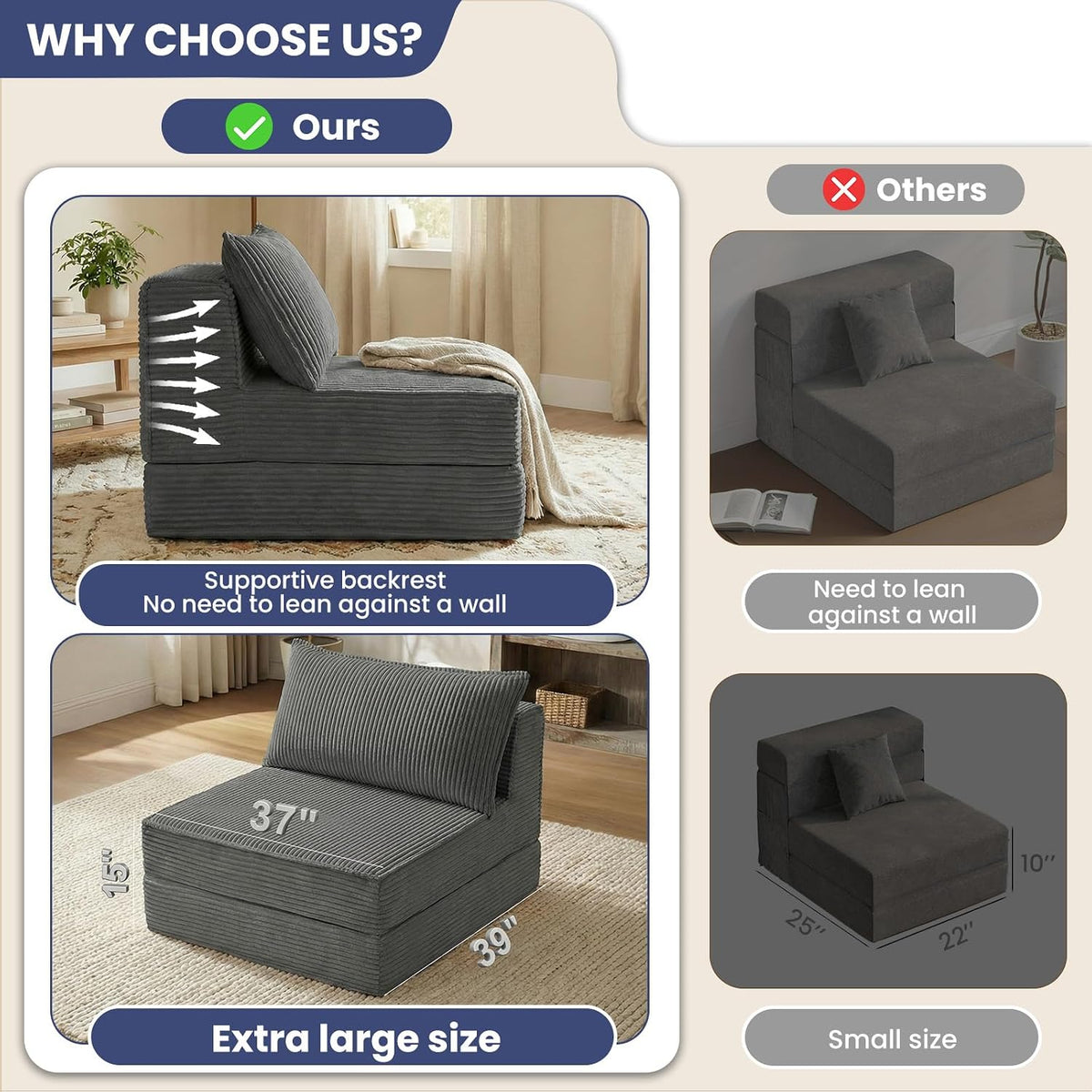 folding sofa bed, convertible sleeper chair with pillow,corduroy, side view