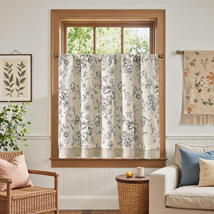jinchan Linen Kitchen Curtain 36 Inch French Floral Double Layer Curtain - Image 2