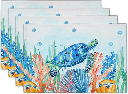 Giwawa Sea Turtle Placemats Set of 4, Watercolor Blue Tortoise Place Mat 12x18 by Giwawa