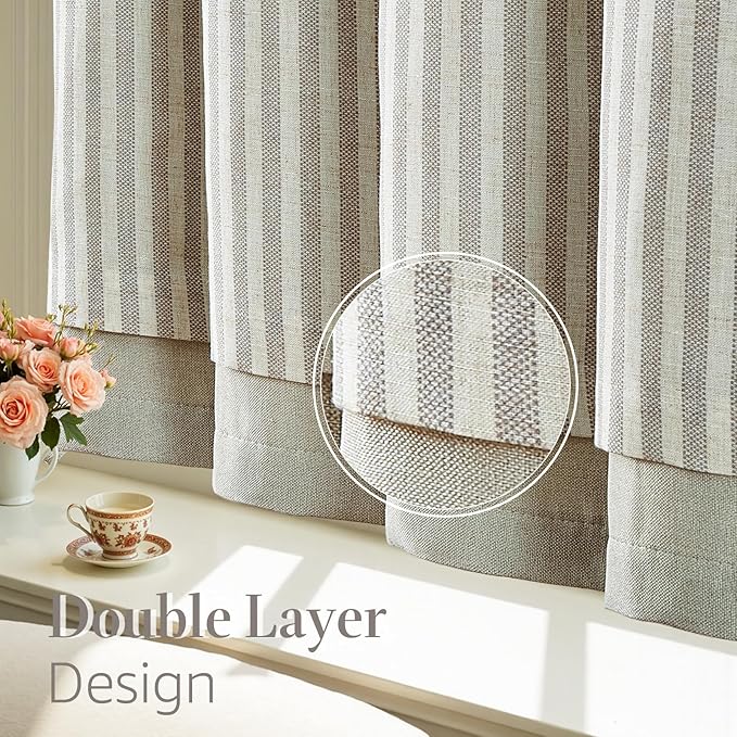 jinchan Double Layer Striped Linen Kitchen Tier Curtain Rustic Cafe - Image 8
