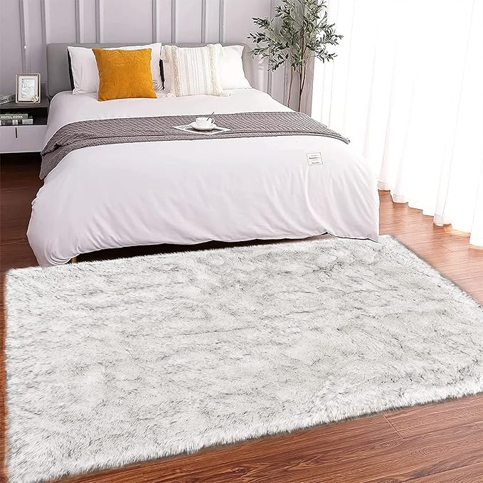 Latepis White with Grey Tips Sheepskin Rugs 4x6, Faux Fur Rug by Latepis