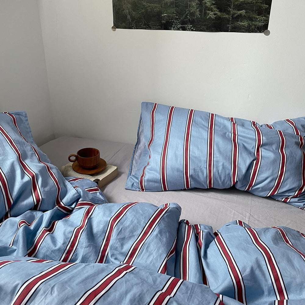 mixinni Vintage Striped Blue Duvet Cover Full - 100% Cotton Red Stripes 3-Pie...