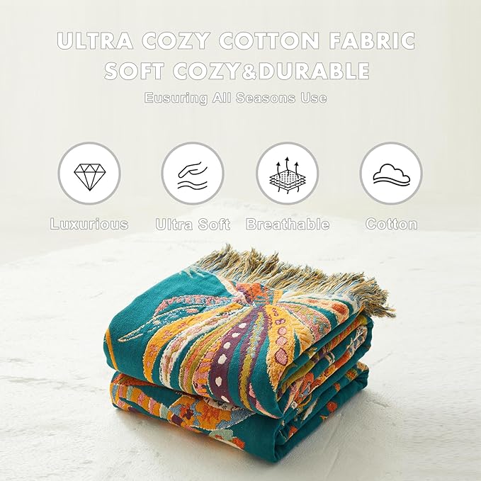 MSGKV Boho Throw Blanket for Bed Twin Size 100% Cotton Floral Blanket 60"x80" - Image 5