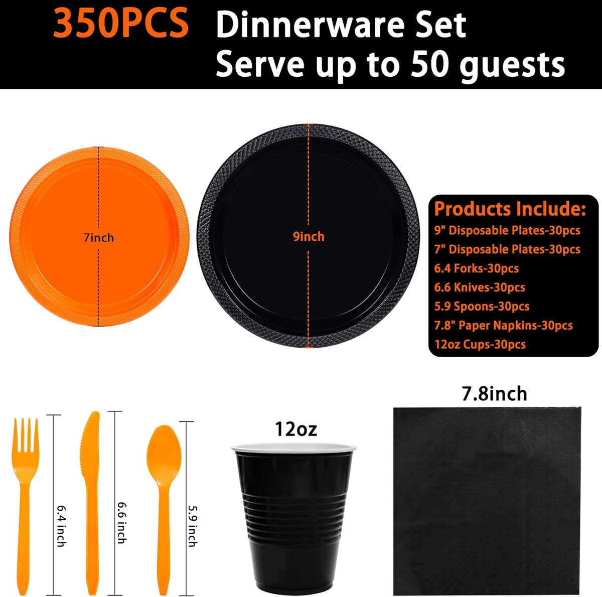 LUODA MirthMood 350PCS black and orange Plastic Plates,Black Disposable Plates –Plastic Plates Set Includes 50 Dinner,50 Dessert Plate,50 Cup&50 Napkins, 50 orange Silverware for Parties&Halloween