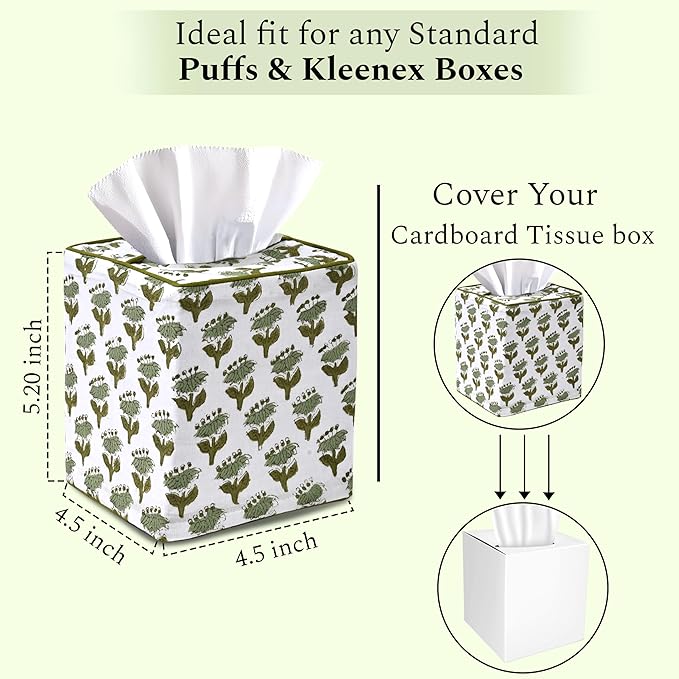 CPC Emerald Green Hand Block Printed Cotton Tissue Box Cover 5" x 5" x 5.5" - Image 3