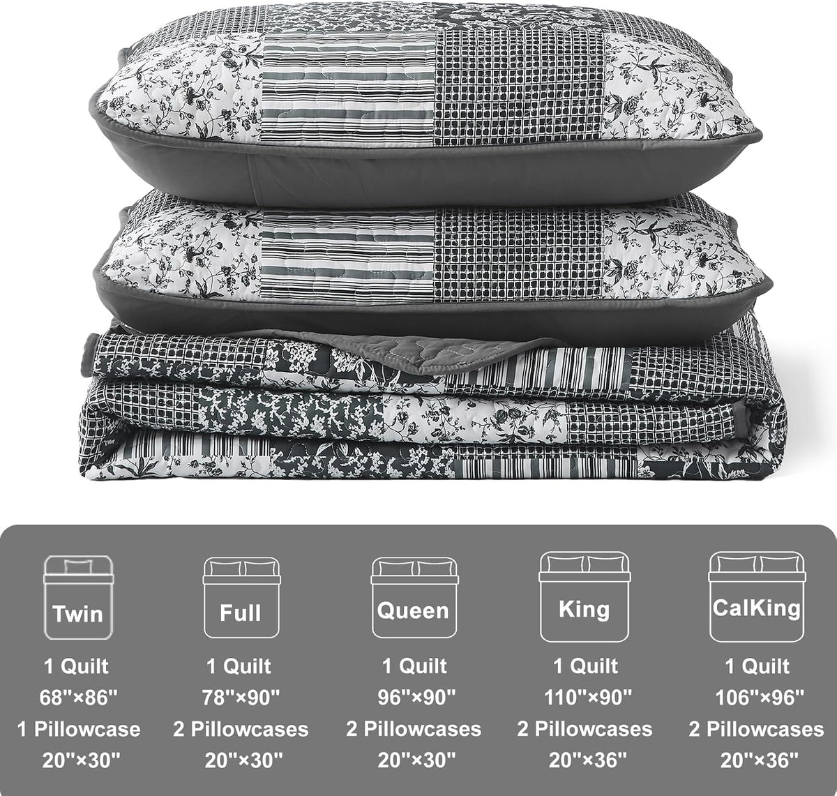 mybedsoul boho quilt king size, patchwork bedding set showing dimensions