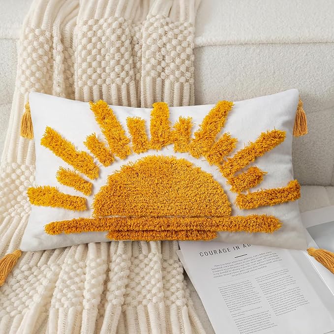 Adabana Boho Decorative Throw Pillow Covers 12x20 Tufted Yellow Sun Sunshine - Image 6