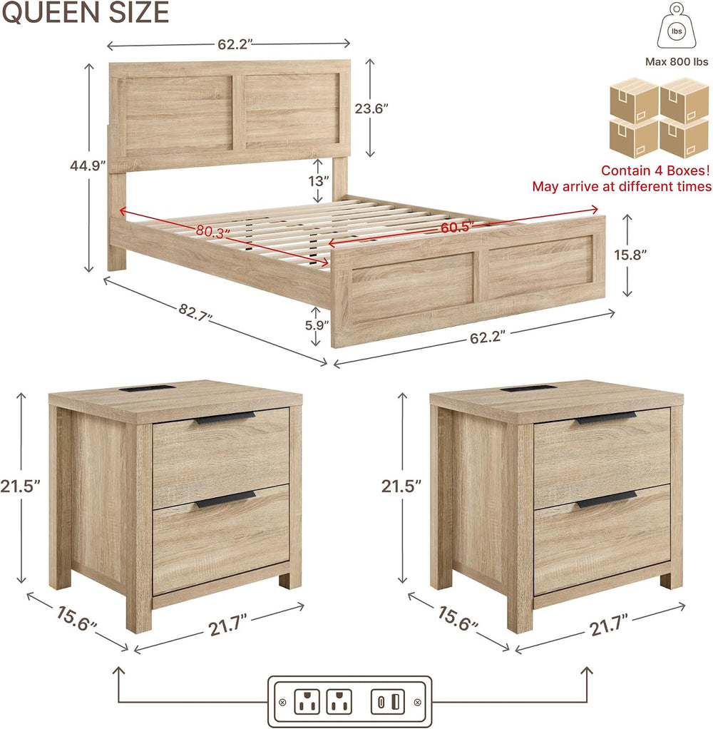 KISLOT 3-Piece Bedroom Set, Bed Frame & 2 Nightstands, Natural, Queen