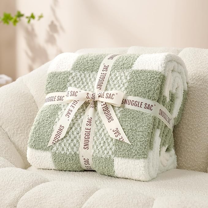 Snuggle Sac Checkered Blanket, Sage Green Throw Blanket - Image 2